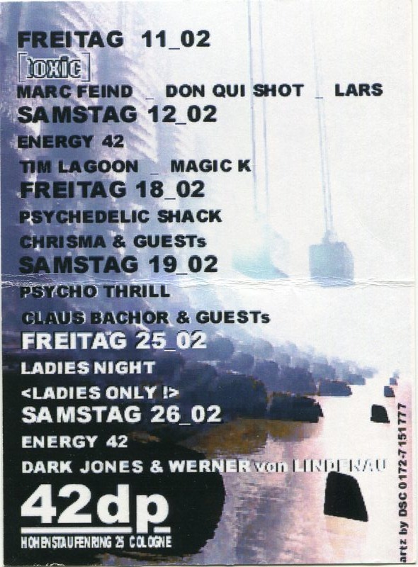 42dp Köln · Februar-Programm · Hohenstaufenring 25 · Toxic mit Marc Feind, Don Qui Shot, Lars · Energy 42 · Tim Lagoon · Magic K · Psychedelic Shack · Chrisma · Psycho Thrill · Claus Bachor · Ladies Night · Dark Jones & Werner von Lindenau