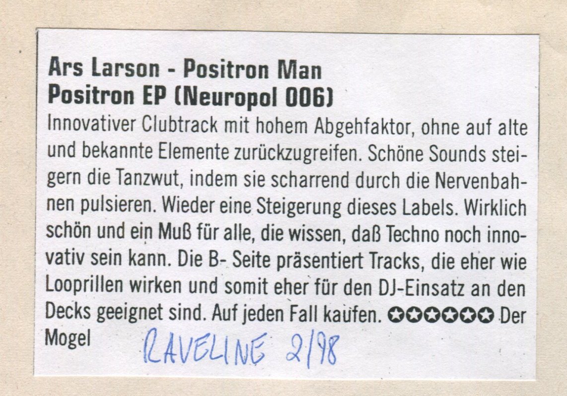 Raveline 02.98 — Ars Larson / Positron Man NP006