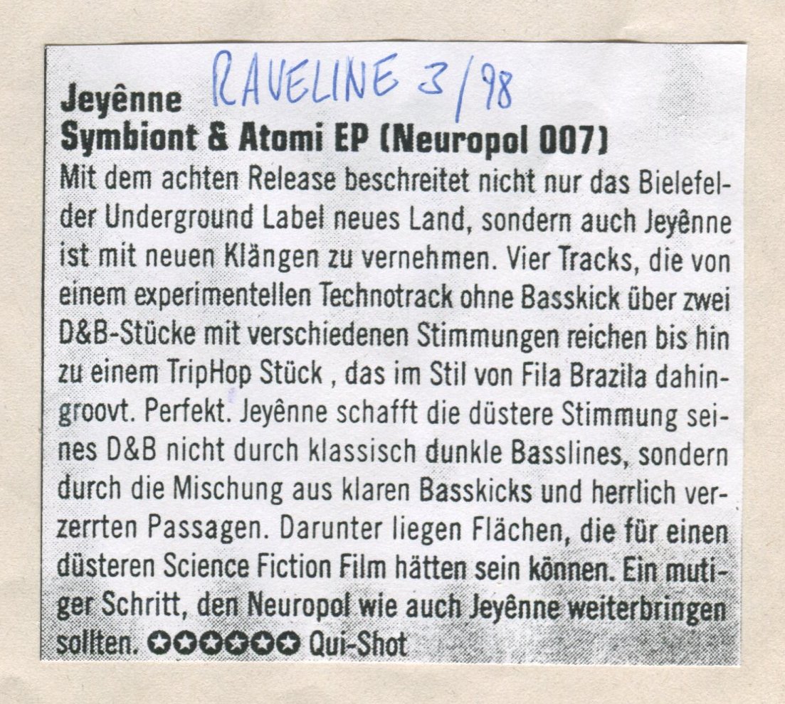 Raveline 03.98 — Jeyenne Symbiont & Atomi EP NP007