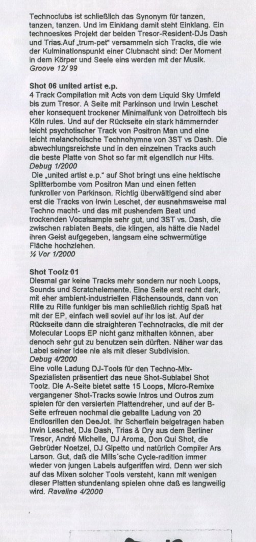 Sammelreview · Groove 12/99 + DE:BUG 1+4/2000 + Raveline 4/2000 · Shot 06 + Einklang + Toolz 01