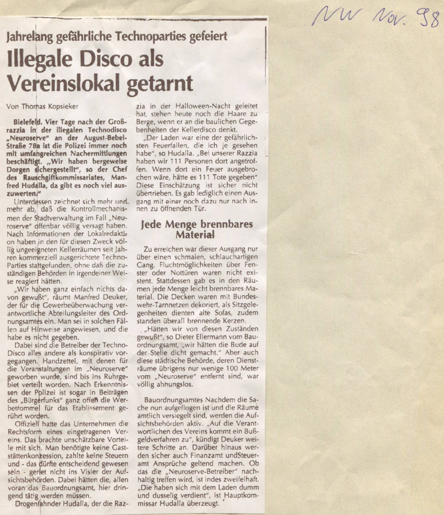 Neue Westfälische Nov 1998 zur Schließung